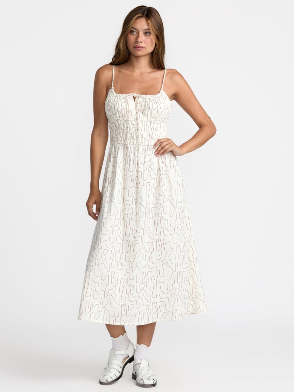 🥀✨ RVCA Women's Cream Printed Spaghetti-Strap Midi Dress. 💛